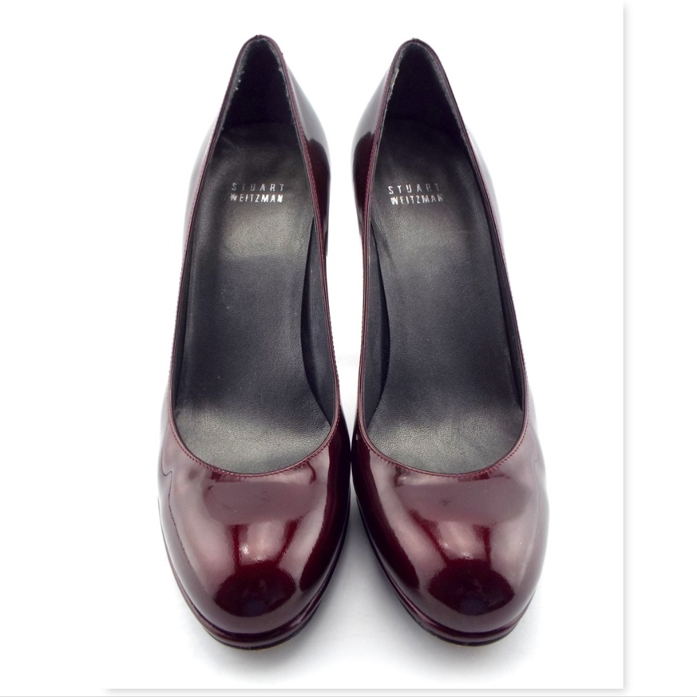 STUART WEITZMAN Burgundy Red Patent Leather Round Toe Chucky Heel Pumps 8